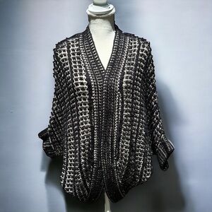 🌻 Joan Vass Studio Black & Cream Chunky Open Knit Wool Blend Cocoon Sweater S